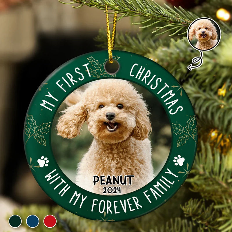 Pet Lovers - Custom Photo First Christmas Pet Lovers - Personalized Circle Ceramic Ornament