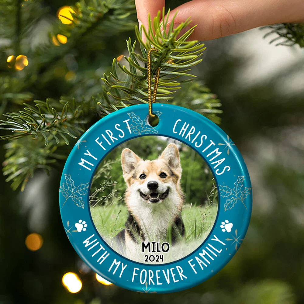 Pet Lovers - Custom Photo First Christmas Pet Lovers - Personalized Circle Ceramic Ornament