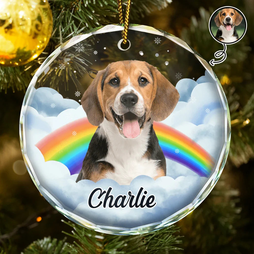 Custom Photo Pet Face Rainbow Bridge - Personalized Circle Glass Ornament