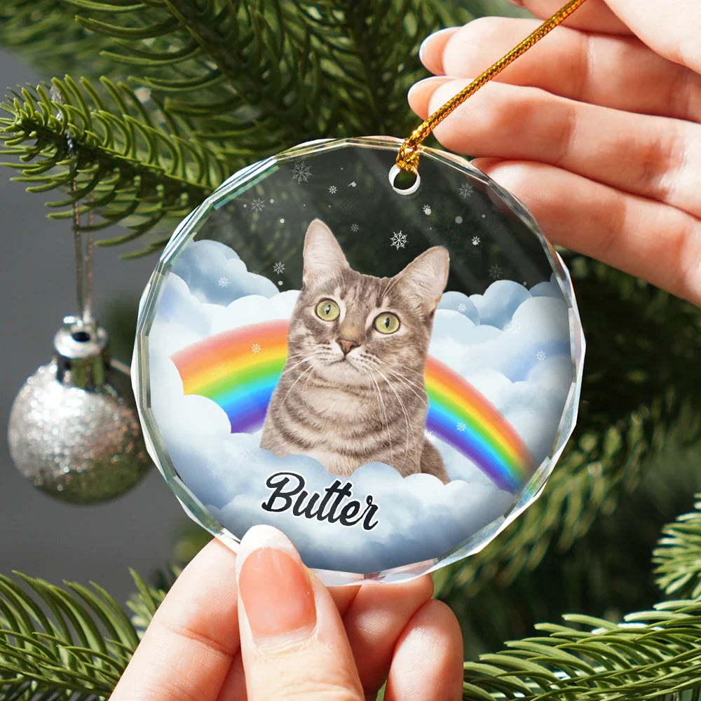 Memorial, Pet Lovers - Custom Photo Pet Face Rainbow Bridge - Personalized Circle Glass Ornament