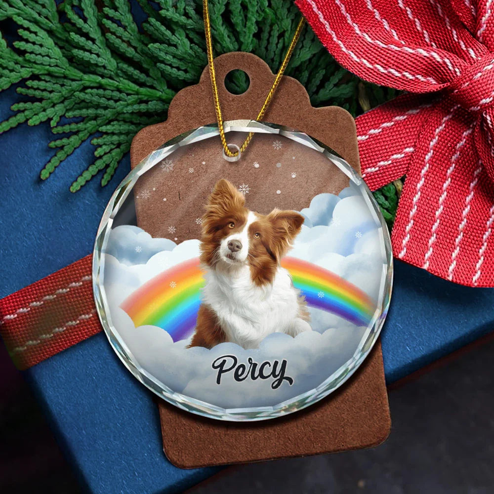 Memorial, Pet Lovers - Custom Photo Pet Face Rainbow Bridge - Personalized Circle Glass Ornament