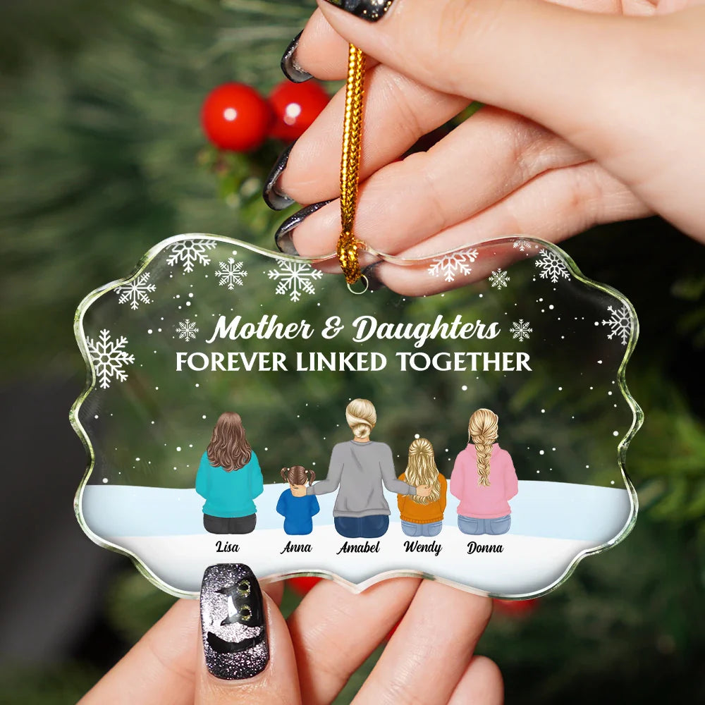 Christmas,Gift For Mother,Gift For Daughter,Happy - Forever Linked Together Mother Daughters - Personalized Medallion Glass Ornament