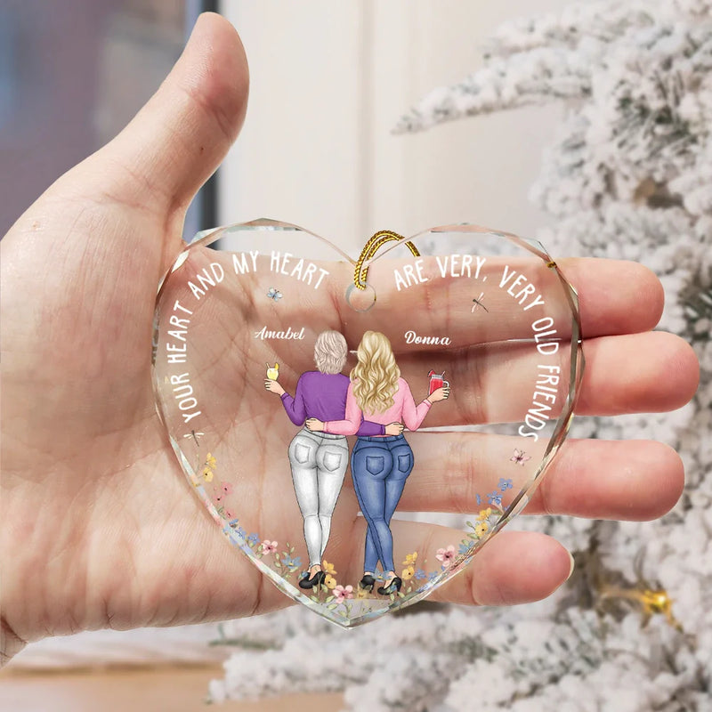 Gift For Bestie - Your Heart And My Heart Are Very Old Friends - Personalized Heart Shaped Glass Ornament