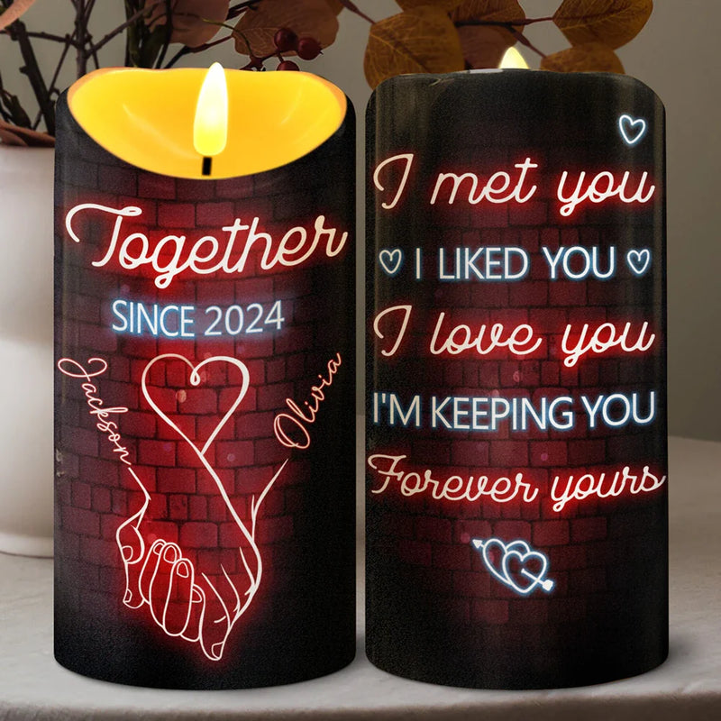Gift For Couples, Gift For Husband, Gift For Wife, Gift For Boyfriend, Gift For Girlfriend - I Met You I Like You Neon Couples - Personalized Flameless LED Candle