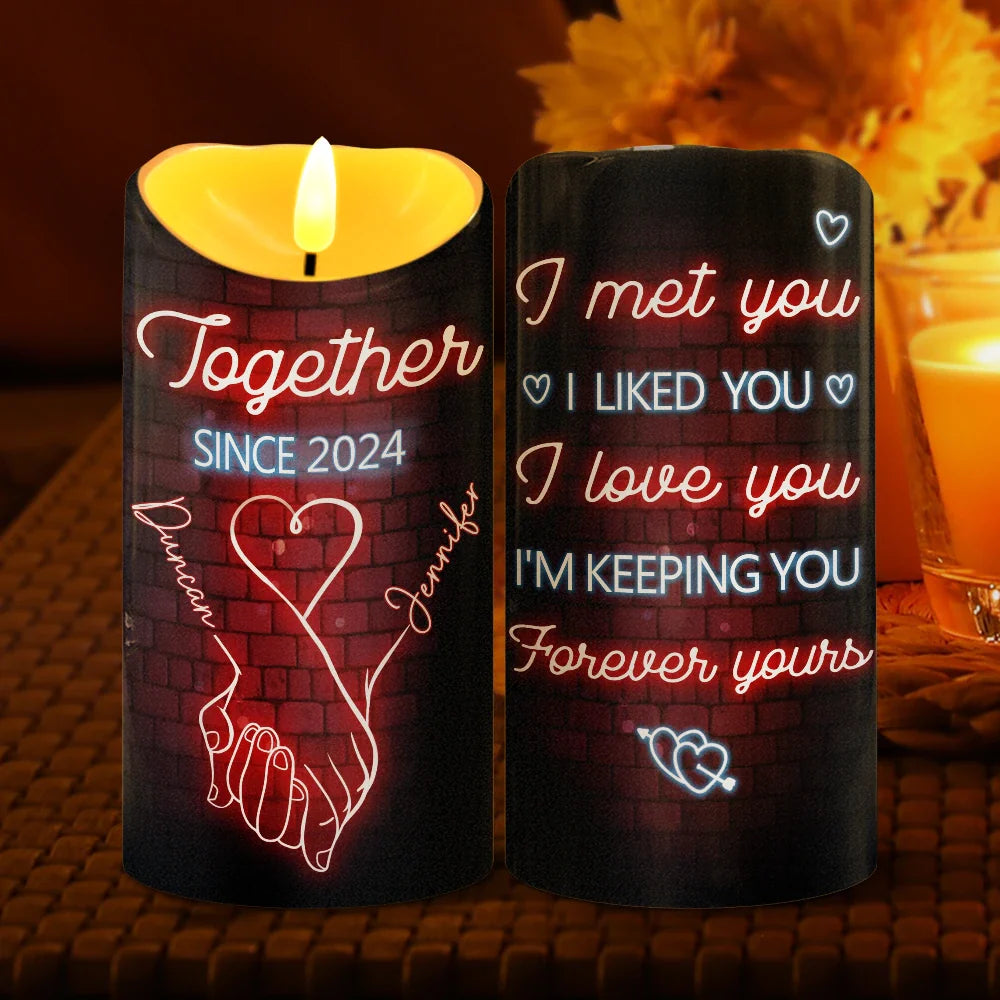 Gift For Couples, Gift For Husband, Gift For Wife, Gift For Boyfriend, Gift For Girlfriend - I Met You I Like You Neon Couples - Personalized Flameless LED Candle