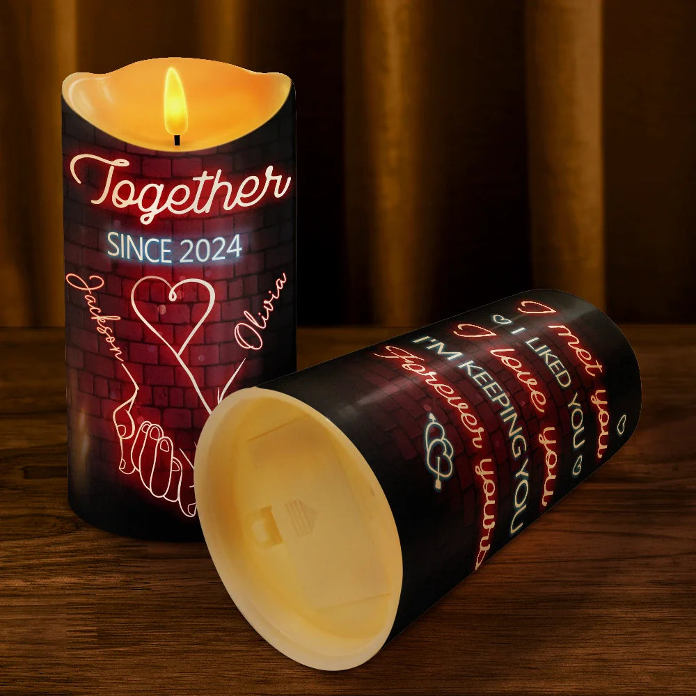 Gift For Couples, Gift For Husband, Gift For Wife, Gift For Boyfriend, Gift For Girlfriend - I Met You I Like You Neon Couples - Personalized Flameless LED Candle