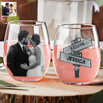 Couples personnalisés en niveaux de gris - Verre à vin sans pied personnalisé