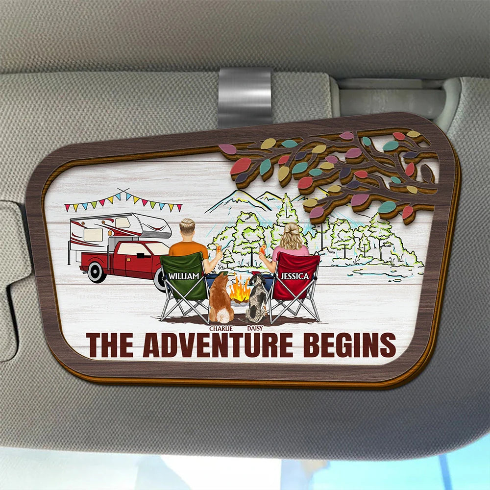 Camping, Campsite - Camping Couple The Adventure Begins - Personalized Custom Shaped Car Visor Clip
