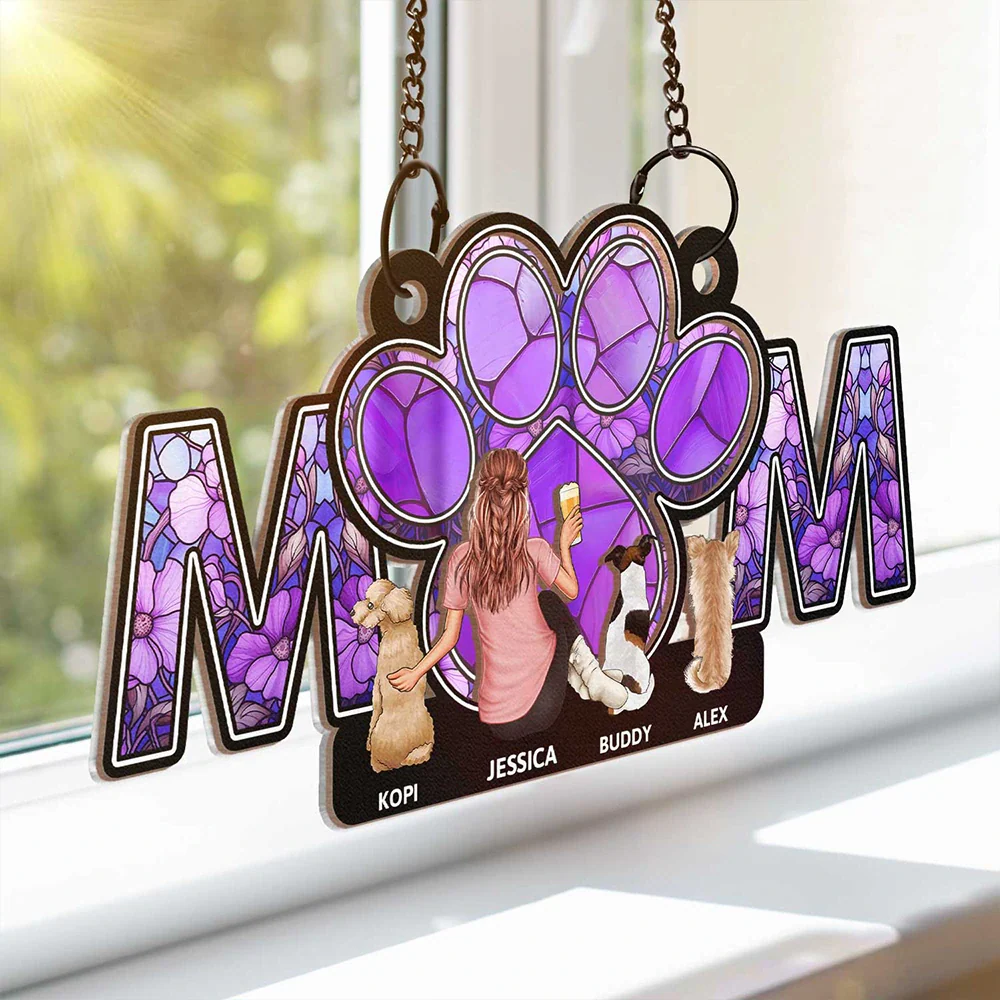 Dog Lovers, Dog Mom, Pet Lovers - Dog Mom With Heart - Personalized Window Hanging Suncatcher Ornament