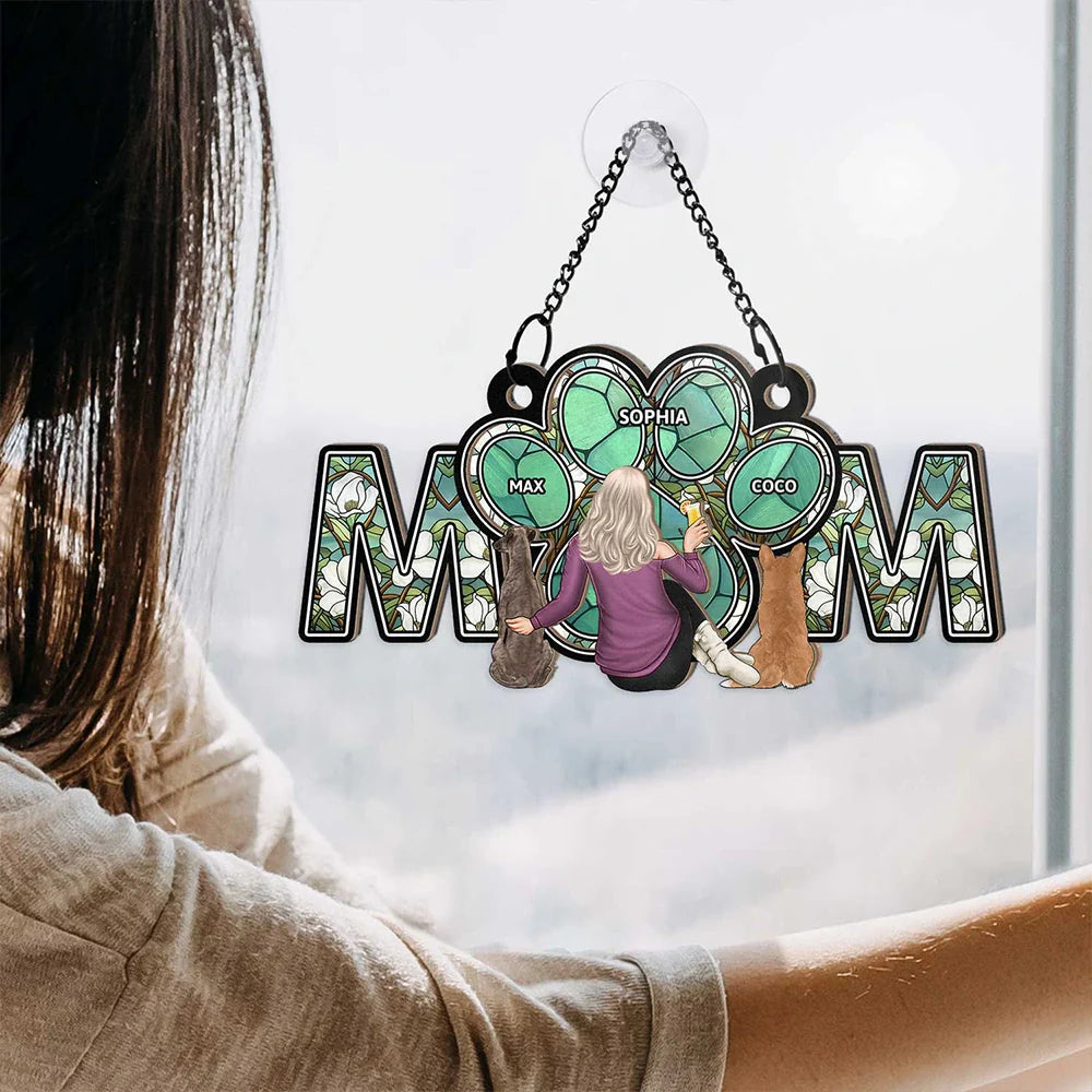 Dog Lovers, Dog Mom, Pet Lovers - Dog Mom With Heart - Personalized Window Hanging Suncatcher Ornament
