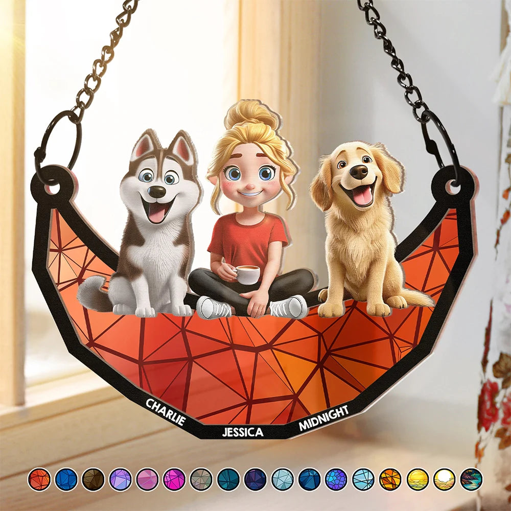 3D Cartoon Dog And Women Sit On The Moon - Personalized Window Hanging Suncatcher Ornament