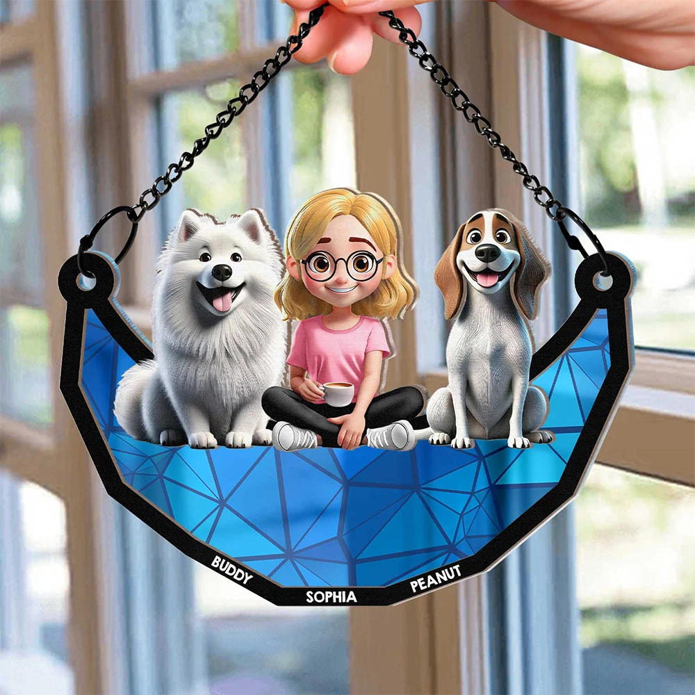 Dog Lovers,Dog Mom,Pet Lovers,Happy - 3D Cartoon Dog And Women Sit On The Moon - Personalized Window Hanging Suncatcher Ornament