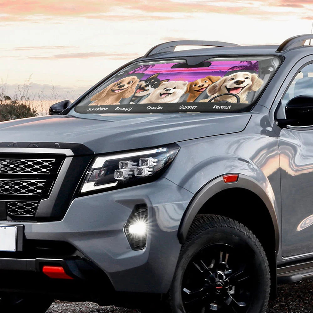 Dog Lovers, Dog Mom, Pet Lovers - Dog's Trip 3D Cartoon Effect - Personalized Auto Sunshade