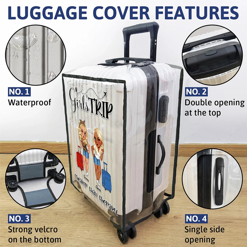 Continue Shopping,Gift For Bestie,Best friends' Hobby,Gift For Sisters,Gift For Women,Travel,Happy - Girls Trip Cheaper Than Therapy - Personalized Clear Luggage Cover