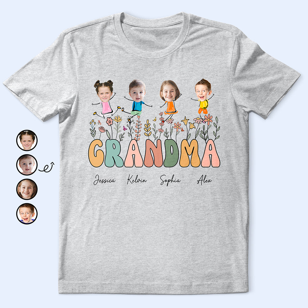 Gift For Grandma - Custom Photo Grandma Mom Flower Title - Personalized T Shirt