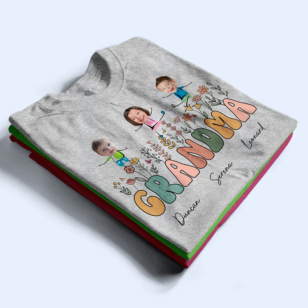 Gift For Grandma - Custom Photo Grandma Mom Flower Title - Personalized T Shirt