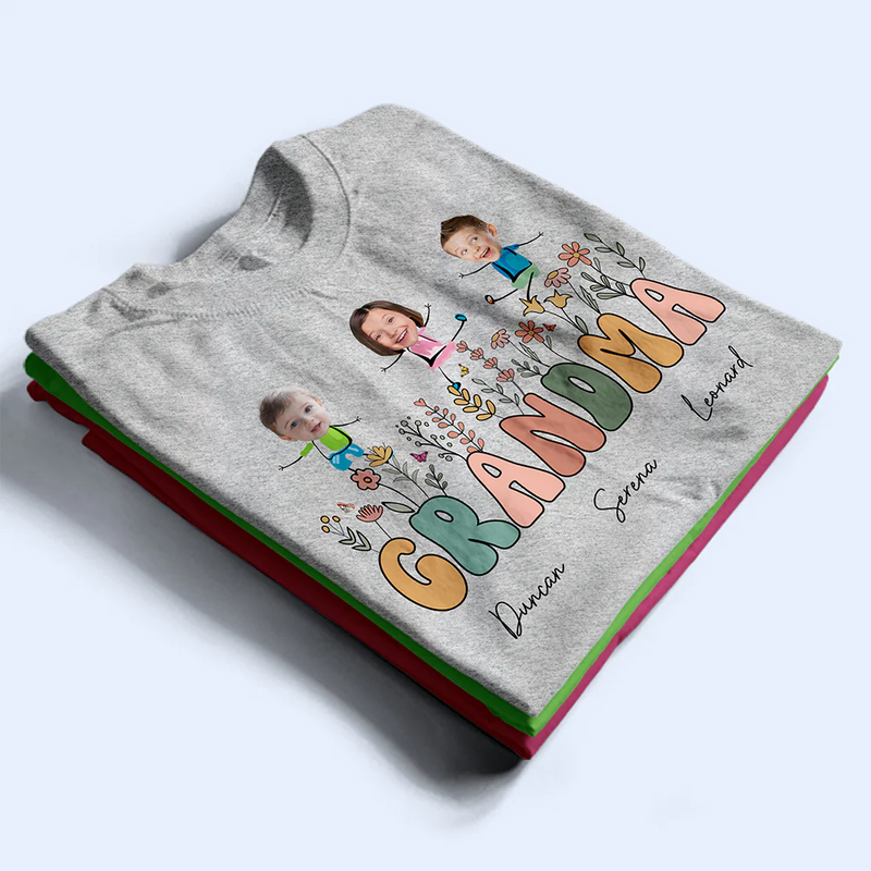 Gift For Grandma - Custom Photo Grandma Mom Flower Title - Personalized T Shirt