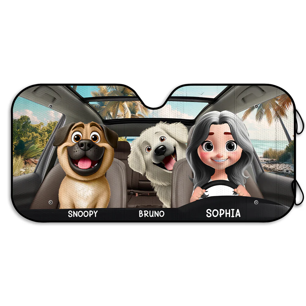 Pet Lovers, Pet Mom, Pet Dad, Dog Lovers, Dog Mom, Dog Dad, Happy - Woman Man Dog 3D Effect - Personalized Auto Sunshade