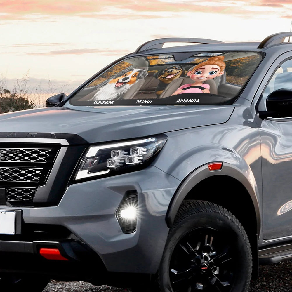 Pet Lovers, Pet Mom, Pet Dad, Dog Lovers, Dog Mom, Dog Dad, Happy - Woman Man Dog 3D Effect - Personalized Auto Sunshade