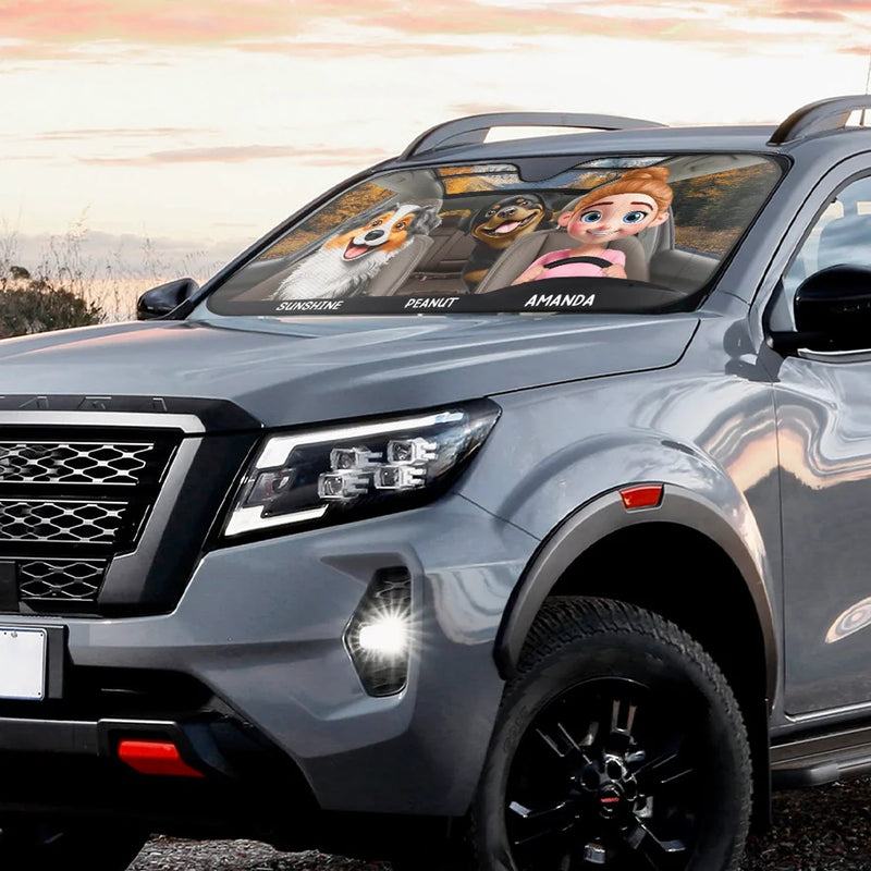 Pet Lovers, Pet Mom, Pet Dad, Dog Lovers, Dog Mom, Dog Dad, Happy - Woman Man Dog 3D Effect - Personalized Auto Sunshade