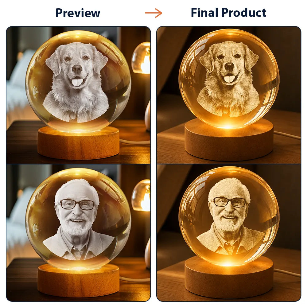 Sad,Memorial,Dog Lovers,Pet Lovers,Cat Lovers - Custom Photo Forever Loved Memorial Dog Cat - Personalized Crystal Globe Lamp