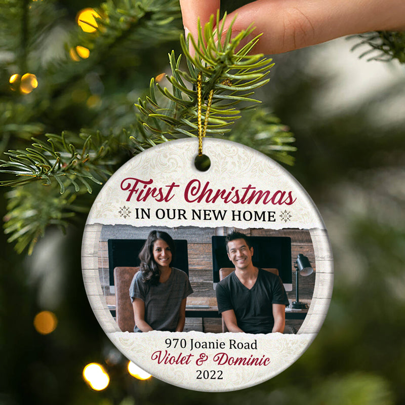 Custom Photo First Christmas In Our New Home - Christmas Gift For Family - Personalized Custom Circle Ceramic Ornament