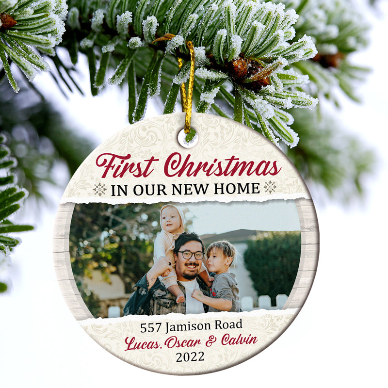Custom Photo First Christmas In Our New Home - Christmas Gift For Family - Personalized Custom Circle Ceramic Ornament