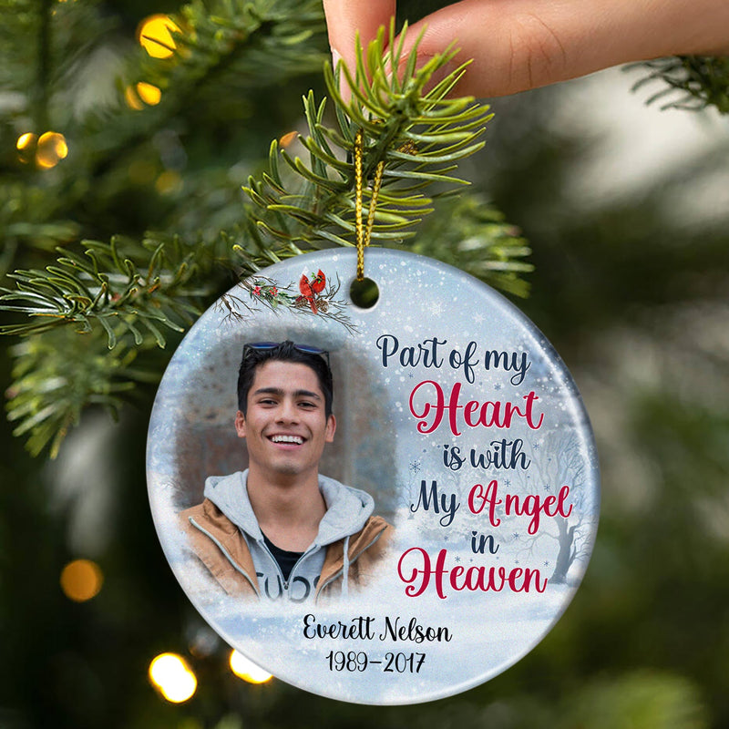 Custom Photo Because Someone We Love Is In Heaven Christmas - Memorial Gift For Family - Personalized Custom Circle Ceramic Ornament