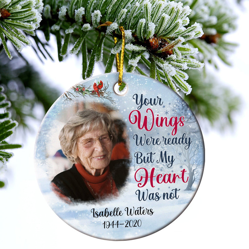 Custom Photo Because Someone We Love Is In Heaven Christmas - Memorial Gift For Family - Personalized Custom Circle Ceramic Ornament