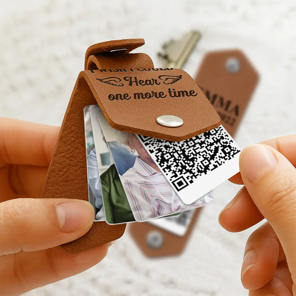 Memorial, Family, Parents, Gift For Grandparents, Sad, Custom Photo - Custom Photo QR Code Memorial The Voice I Wish I Could Hear - Personalized Leather Photo Keychain