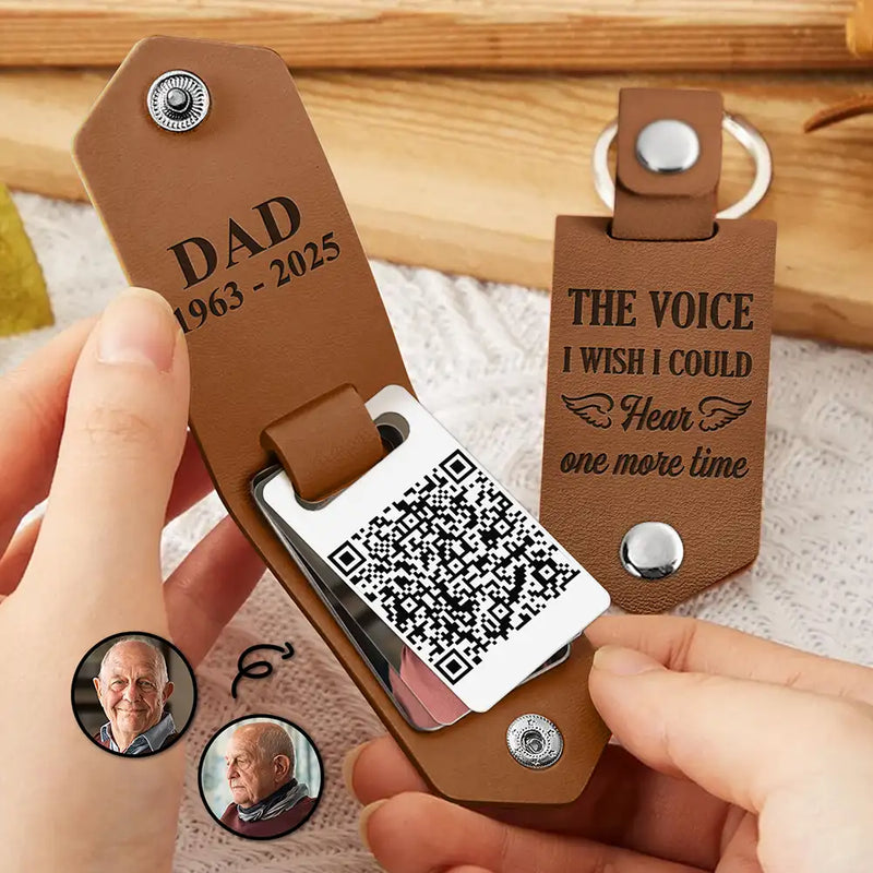 Memorial, Family, Parents, Gift For Grandparents, Sad, Custom Photo - Custom Photo QR Code Memorial The Voice I Wish I Could Hear - Personalized Leather Photo Keychain