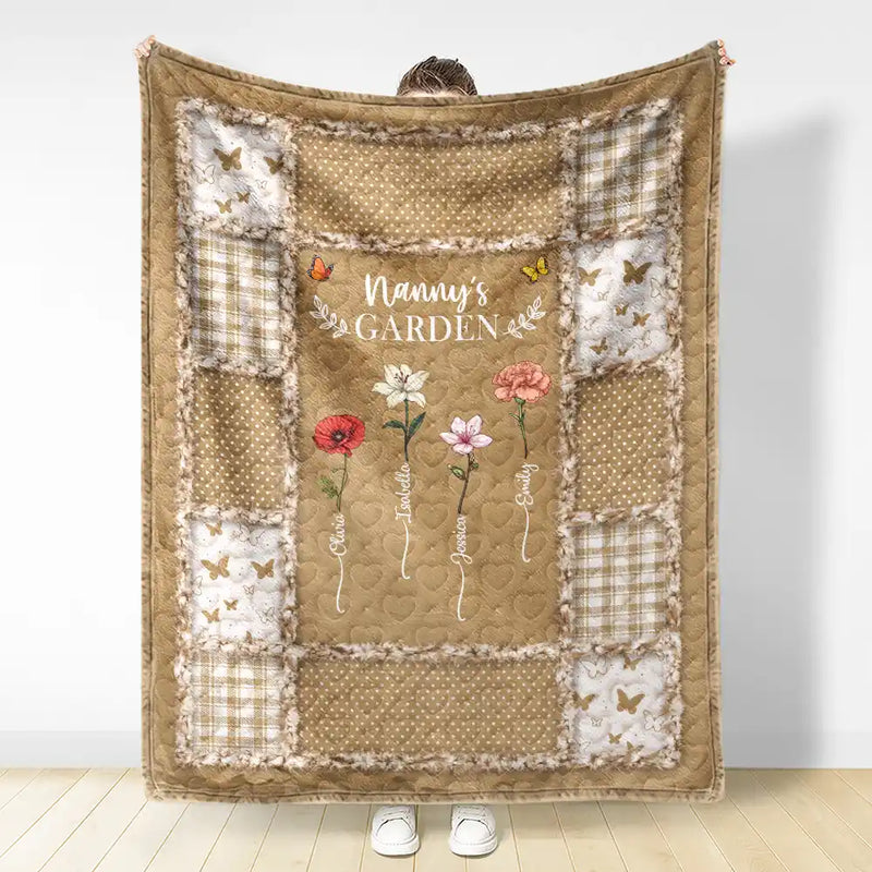 Gift For Mother,Gift For Grandma,Love,Gift For Women - Quilt Pattern Birth Month Flower Grandmas Garden - Personalized Fleece Blanket, Sherpa Blanket