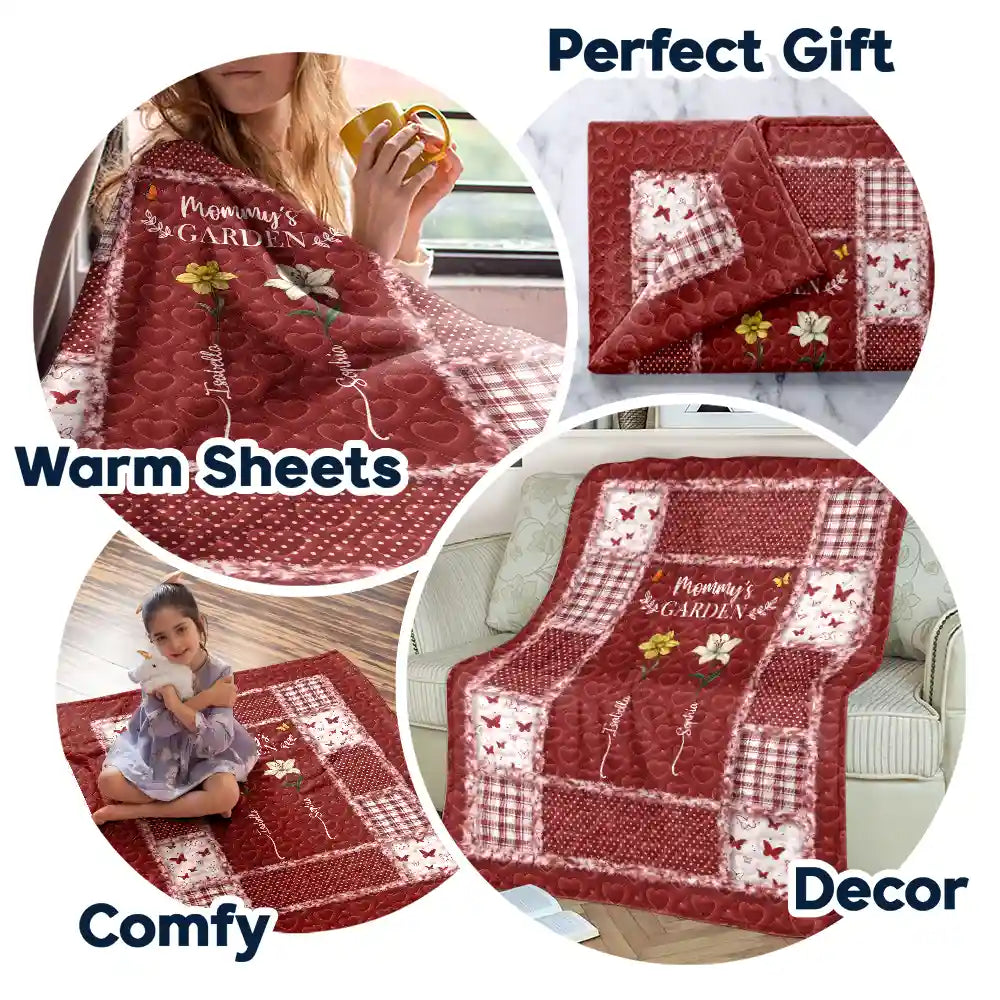 Gift For Mother,Gift For Grandma,Love,Gift For Women - Quilt Pattern Birth Month Flower Grandmas Garden - Personalized Fleece Blanket, Sherpa Blanket