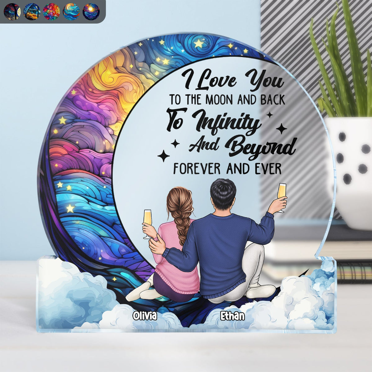 Lune et retour vers l'infini - Cadeau pour couple - Plaque acrylique ronde personnalisée