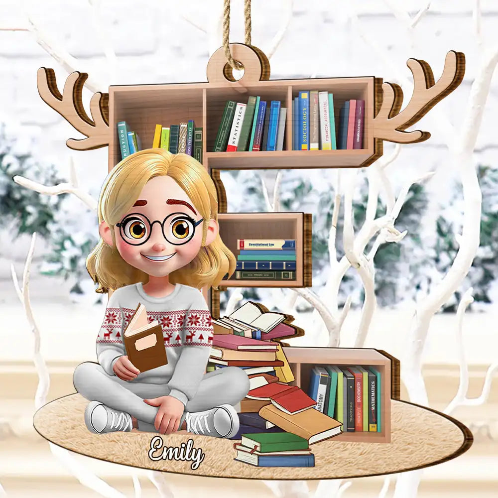 Christmas,Reading,Gift For Yourself,Gift For Women,Happy - Reading Girl Monogram Bookish Keepsake - Personalized Custom Shaped Wooden Ornament