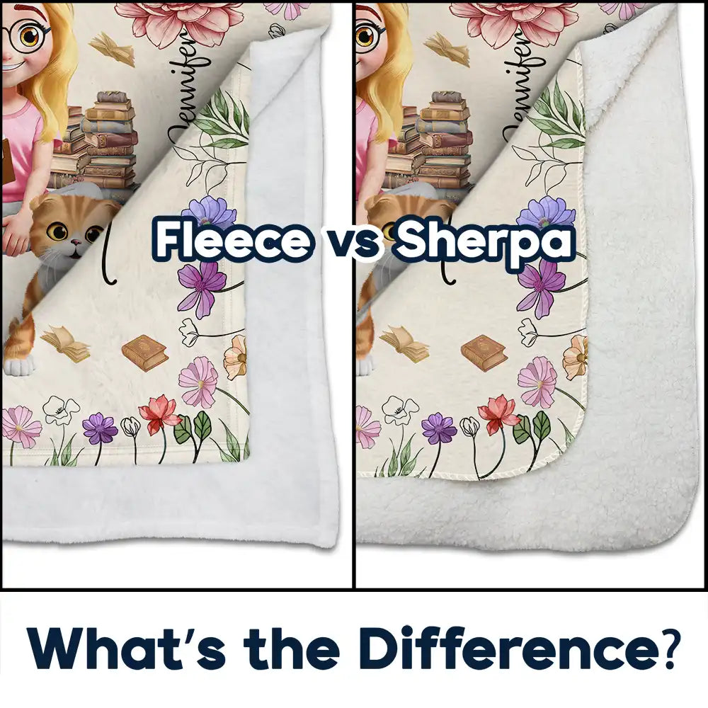 Reading, Pet Lovers, Cat Lovers, Happy - Reading Girl Who Loves Books & Pets Birth Month Flower - Personalized Fleece Blanket, Sherpa Blanket