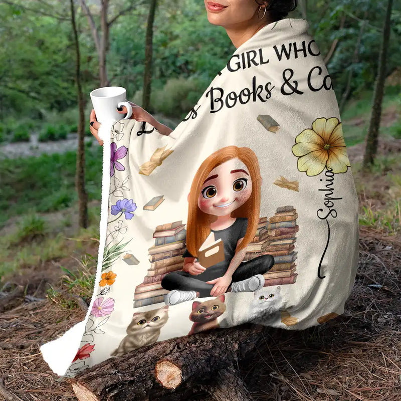 Reading, Pet Lovers, Cat Lovers, Happy - Reading Girl Who Loves Books & Pets Birth Month Flower - Personalized Fleece Blanket, Sherpa Blanket