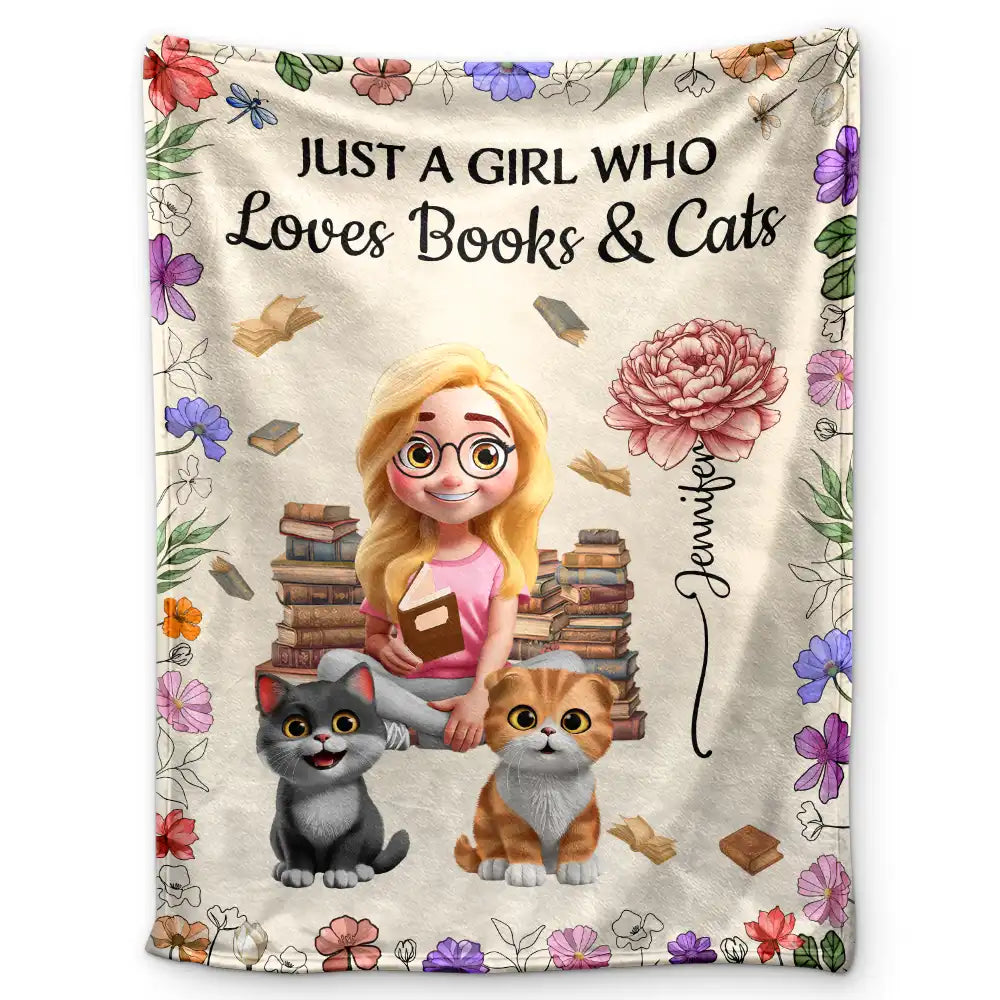 Reading Girl Who Loves Books & Pets Birth Month Flower - Personalized Fleece Blanket, Sherpa Blanket