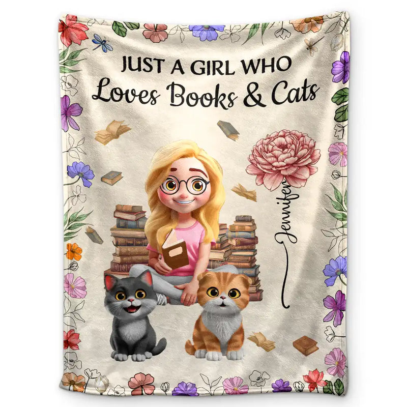 Reading, Pet Lovers, Cat Lovers, Happy - Reading Girl Who Loves Books & Pets Birth Month Flower - Personalized Fleece Blanket, Sherpa Blanket