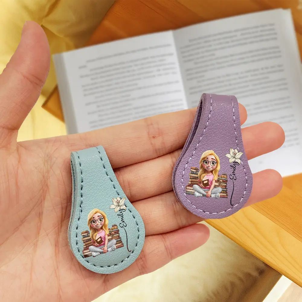 Reading, Gift For Yourself, Gift For Women, Happy - Reading Girl With Birth Month Flower - Personalized Circle Leather Magnetic Bookmark