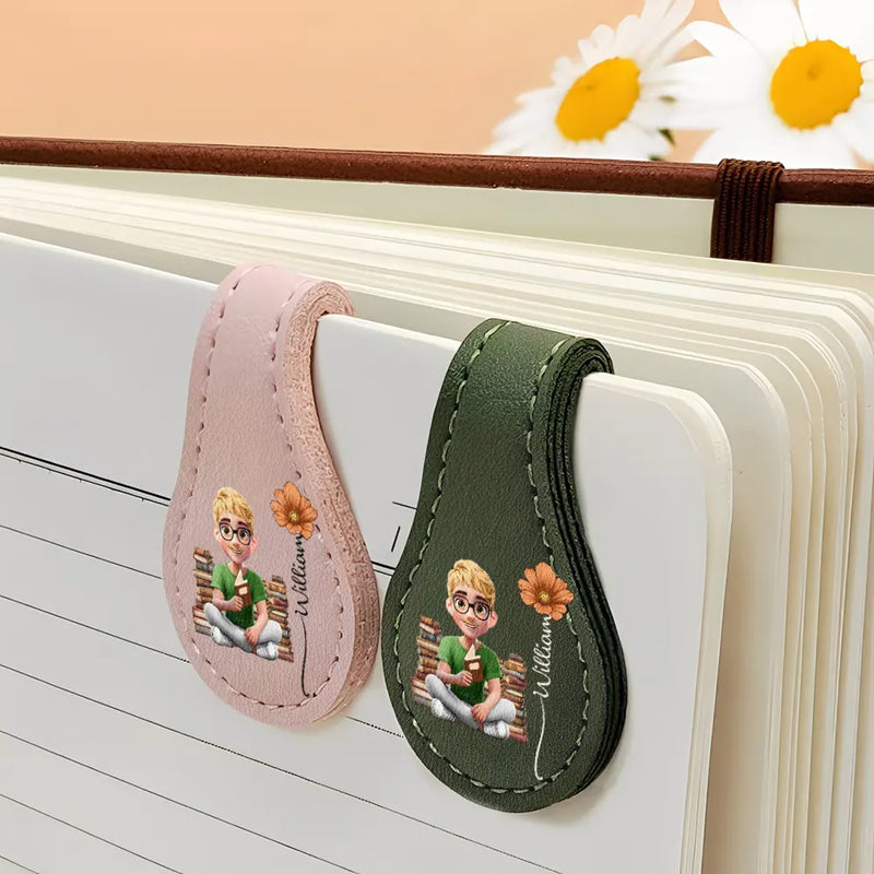 Reading, Gift For Yourself, Gift For Women, Happy - Reading Girl With Birth Month Flower - Personalized Circle Leather Magnetic Bookmark