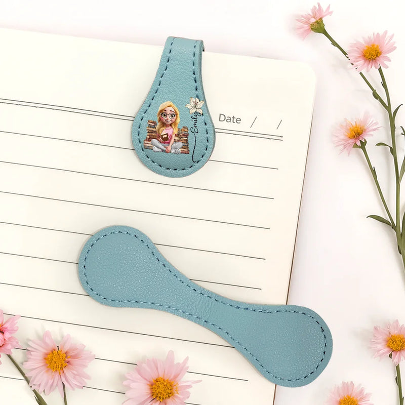 Reading, Gift For Yourself, Gift For Women, Happy - Reading Girl With Birth Month Flower - Personalized Circle Leather Magnetic Bookmark