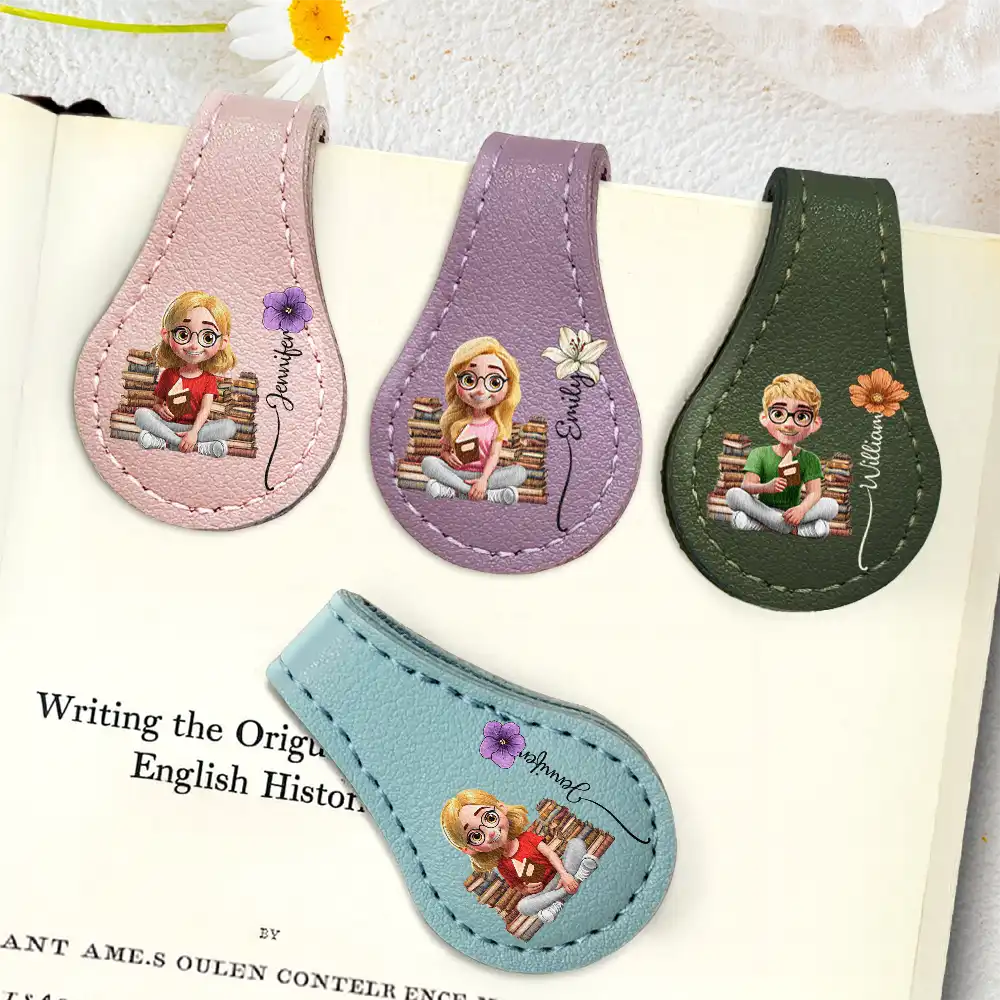 Reading Girl With Birth Month Flower - Personalized Circle Leather Magnetic Bookmark