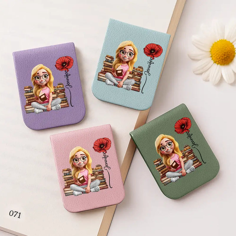 Reading,Gift For Yourself,Happy - Reading Girl With Birth Month Flower - Personalized Leather Magnetic Bookmark