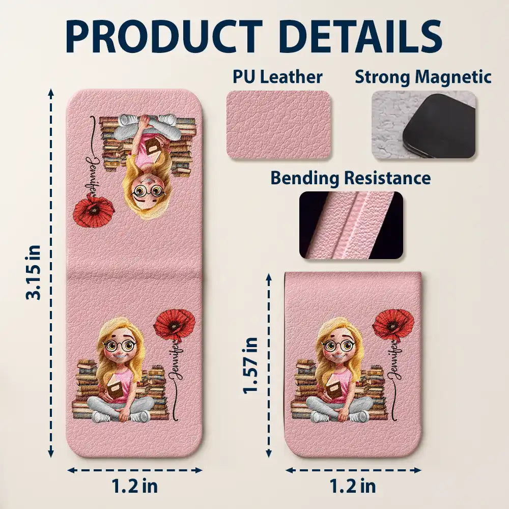 Reading,Gift For Yourself,Happy - Reading Girl With Birth Month Flower - Personalized Leather Magnetic Bookmark