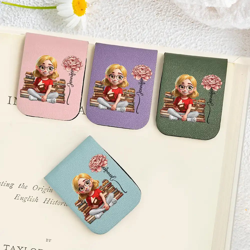 Reading Girl With Birth Month Flower - Personalized Leather Magnetic Bookmark
