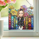 Happy, Reading, Gift For Yourself, Gift For Women, Gift For Men - Reading Girl With Books - Personalized Window Corner Suncatcher