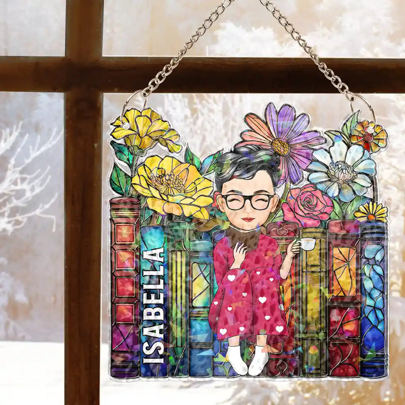 Happy, Reading, Gift For Yourself, Gift For Women, Gift For Men - Reading Girl With Books - Personalized Window Corner Suncatcher