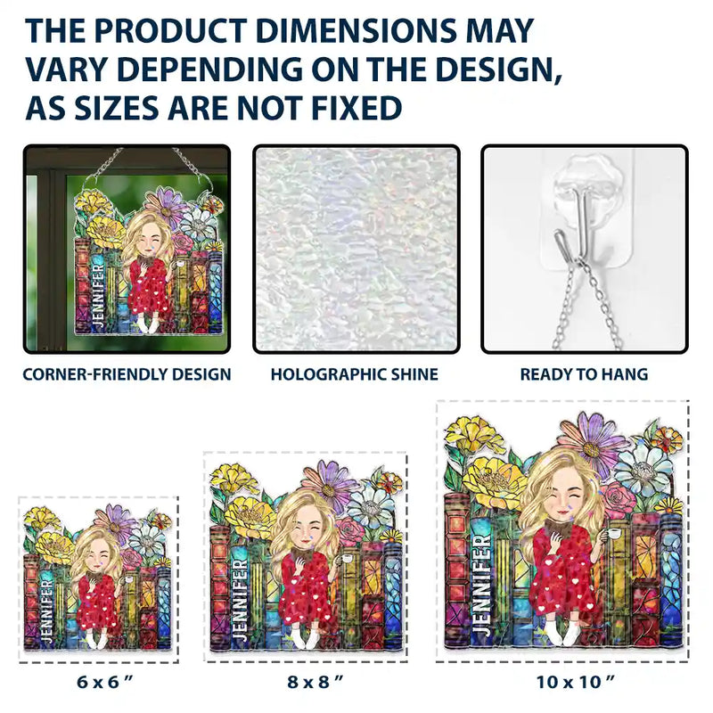 Happy, Reading, Gift For Yourself, Gift For Women, Gift For Men - Reading Girl With Books - Personalized Window Corner Suncatcher