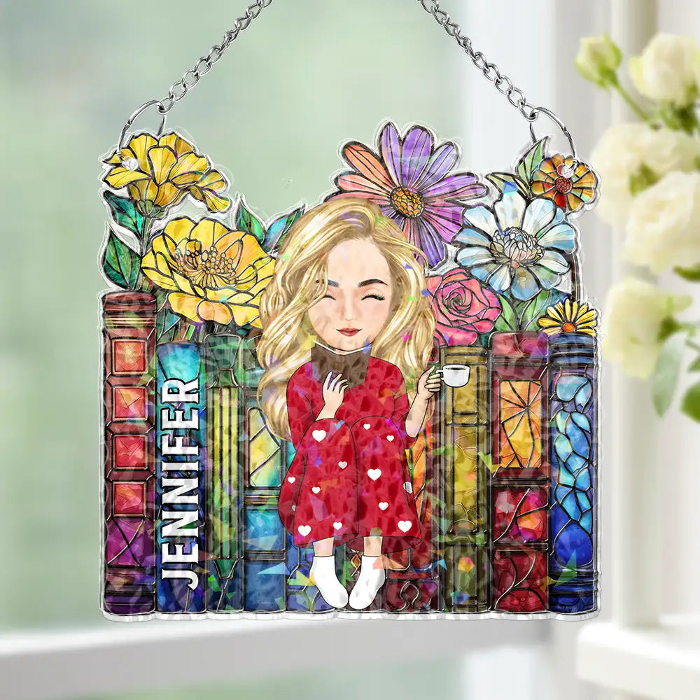 Reading Girl With Books - Personalized Window Corner Suncatcher
